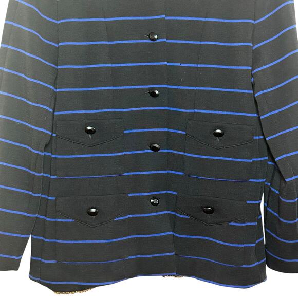 1990's Chanel Boutique Wool Black Blue Striped Jacket Skirt Set Lion Head Button - Picture 5 of 13